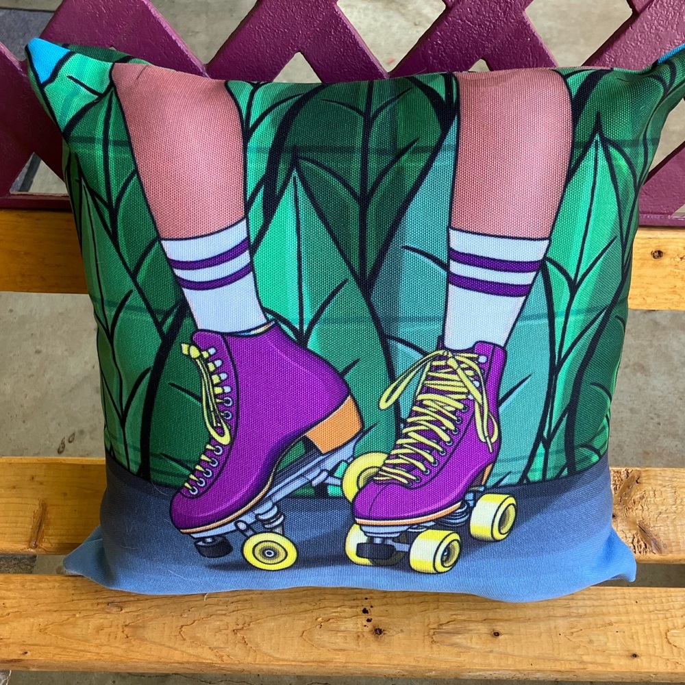 TEEN ROLLER SKATE BED PILLOW PRINTED BOTH SIDES PURPLE AND GREEN ZIPPER CLOSURE